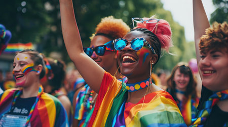 Group of people with rainbow-themed outfits at an LGBT pride event, expressing their support and joyの素材