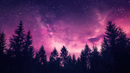 Cosmic violet and pink gradient starry sky with forest tree silhouettes, offering an aesthetic and serene phone wallpaperの素材