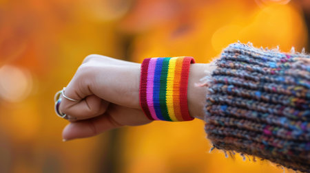 Close-up of a rainbow wristband on a person's arm, symbolizing LGBT pride and solidarityの素材