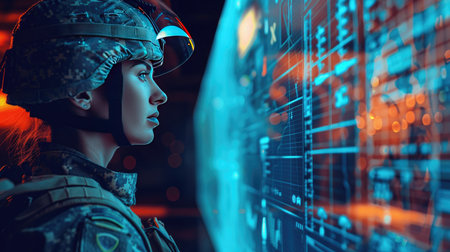 Side profile of a female soldier, leveraging AI technology to counter cyber security threats in a high-tech war roomの素材
