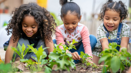 Group of diverse children joyfully gardening, planting vegetables in an environmentally friendly school settingの素材