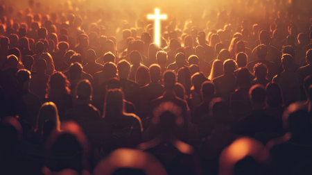 Crowd of people silhouettes with a glowing cross, symbolizing faith, hope, and unity, ideal for inspirational designsの素材