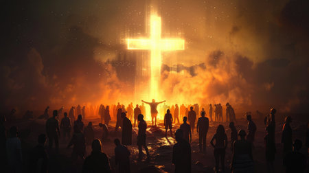 Glowing cross surrounded by silhouettes of people, representing faith and hope, perfect for religious themesの素材