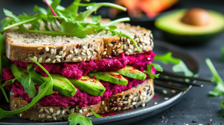 Beetroot hummus vegan sandwich with avocado and arugula, creating a vibrant and tasty vegetarian mealの素材