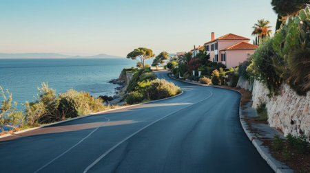Asphalt road and residential buildings by the sea, offering a beautiful and tranquil coastal viewの素材