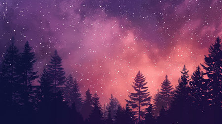 Mesmerizing cosmic gradient starry sky in violet and pink with silhouetted forest trees, ideal for a phone wallpaperの素材