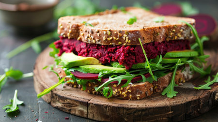 Vegan sandwiches with beet cheese, avocado, and arugula, showcasing a delicious and nutritious food optionの素材