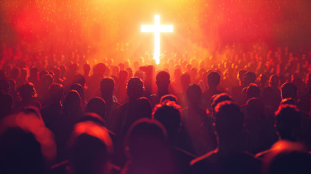 Silhouetted crowd with a glowing cross, capturing the essence of faith and community in a powerful visualの素材