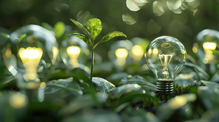 Light bulbs and sprouts on silver coins, representing sustainable business and investment concepts with a green focusの素材