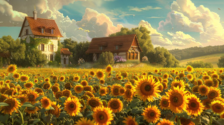 Vibrant sunflower field with a picturesque house, offering a perfect blend of nature and rural charmの素材
