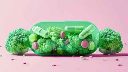 Conceptual image of dietary supplements in capsule form made from cruciferous vegetables, promoting health and the keto diet.の素材