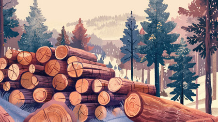 Illustration of wood logs stacked in a pine forest, capturing the natural beauty of a woodland sceneの素材