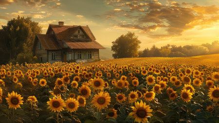 Sunflower field with a quaint house, providing a stunning and serene countryside viewの素材