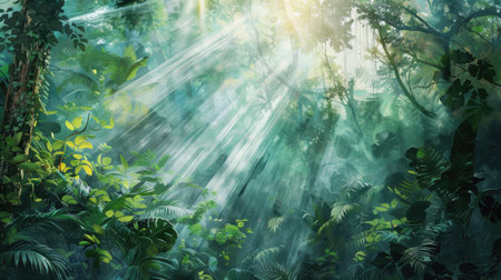 Textural background featuring an art drawing of a tropical jungle with beams of light, creating a serene photo wallpaperの素材