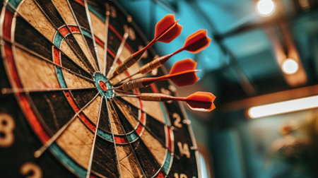 Arrows on a virtual dartboard, depicting the precision and strategy required in business goal-setting.の素材