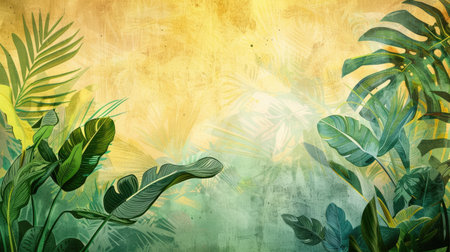 Textured background with artfully painted tropical plants and trees, ideal for creating a striking muralの素材