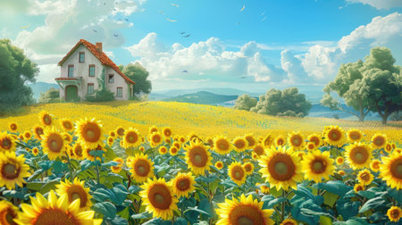 Sunflower field with a quaint house, providing a stunning and serene countryside viewの素材