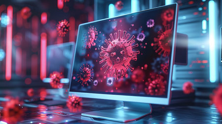 Abstract image of a computer screen with a virus alert, emphasizing the need for cybersecurity vigilance.の素材