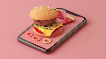 Mobile phone screen showing a 3D illustration of a pizza and burger for online food delivery, highlighting fast and easy orderingの素材