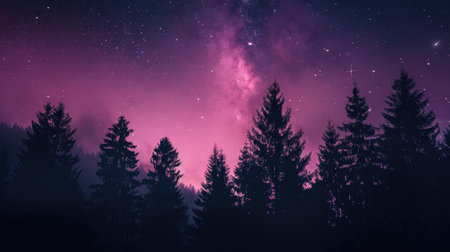Mesmerizing cosmic gradient starry sky in violet and pink with silhouetted forest trees, ideal for a phone wallpaperの素材