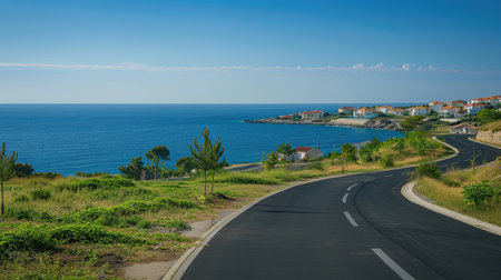 Residential area by the sea with an asphalt road, perfect for capturing a serene and scenic coastal landscapeの素材