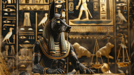 Conceptual image of Anubis and a balance scale, emphasizing judgment and the afterlife in Egyptian culture.の素材
