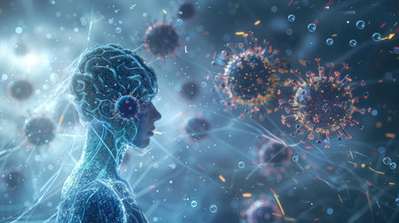 Conceptual image of viruses within the human body, highlighting the mechanisms of infection and immune response.の素材