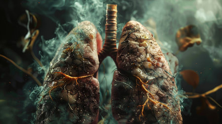 Image of diseased lungs affected by lung cancer, illustrating the impact of smoking on respiratory health with detailed visual effectsの素材