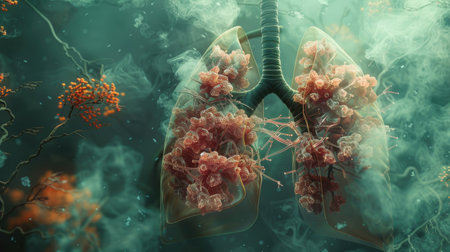 Cross-sectional view of human lungs with cancerous cells, emphasizing the severity of lung diseases and the need for medical research.の素材
