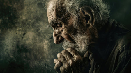 Depiction of an old man in a contemplative state, highlighting the effects of Alzheimer and the importance of support.の素材