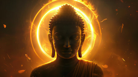 Buddha with a soft, glowing halo around his head, representing spiritual enlightenment and divine energy.の素材