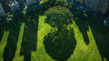 Tree casting a shadow of a city skyline, highlighting the integration of green spaces in urban planning.の素材