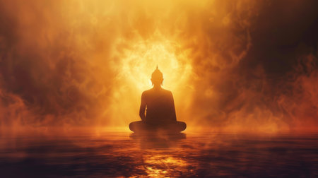 Conceptual image of Buddha in meditation, embodying inner peace and spiritual enlightenment.の素材