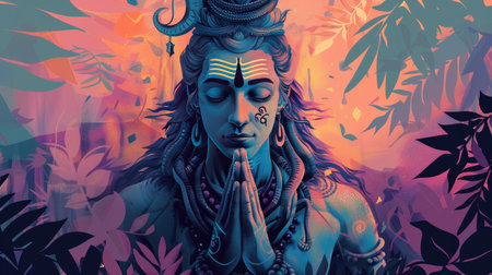 Illustration of Shiva in a modern context, combining classical features with modern artistic styles.の素材