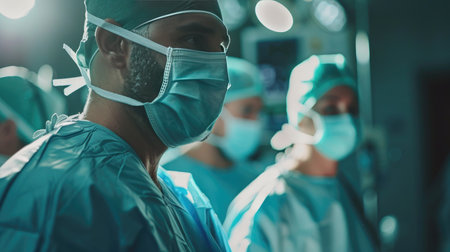 Medical team at work in a hospital, with a focus on the doctor and nurse partnership during surgeryの素材