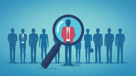 Recruitment and leadership concept with a magnifying glass focusing on a manager among employees.の素材