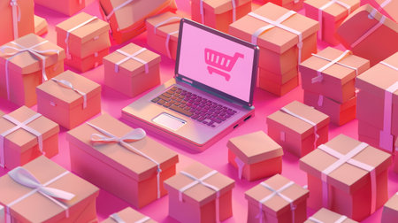 Laptop surrounded by packages, symbolizing the growth and impact of e-commerceの素材