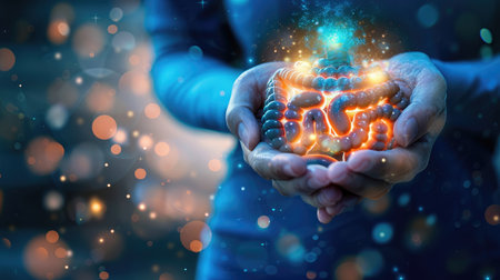 Concept of a healthy gut, illustrating mechanisms to prevent leaky gut syndrome.の素材