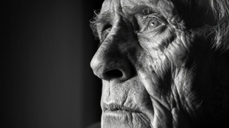 Elderly man with a distant look, symbolizing the struggles and emotional toll of living with Alzheimer disease.の素材