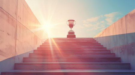 Achievement and success: top of a staircase with a trophy, symbolizing the reward for effort.の素材