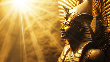 Ra, the Egyptian sun god, depicted with rays of sunlight emanating from his form, symbolizing divine powerの素材