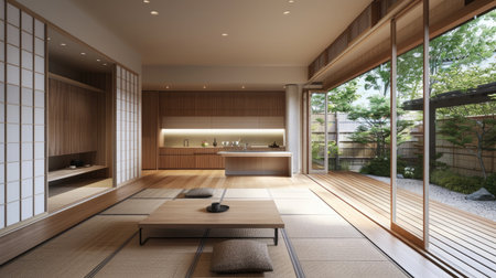 Sleek Japanese interior design showcasing a minimalist kitchen and living room with traditional tatami mats and modern elements.の素材