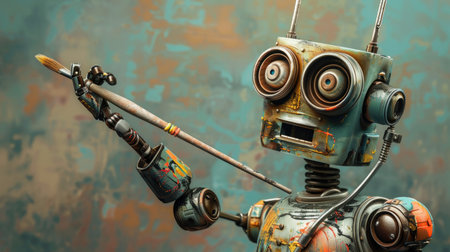 Artistic robot with a paintbrush, illustrating the fusion of modern technology and classical art.の素材