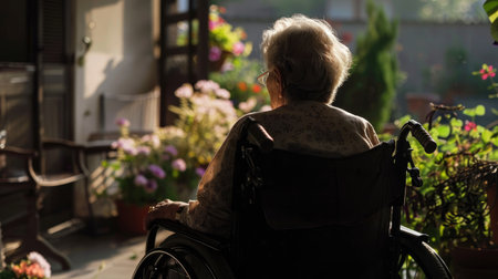 Caring for an elderly woman in a wheelchair, showcasing the volunteer support in a disability nursing homeの素材