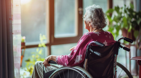 Senior woman in a wheelchair, indoors, representing the concept of care and volunteer support in a nursing home.の素材
