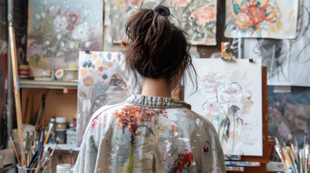 Artistic process: back view of a woman painting at her workspace, filled with creativity.の素材
