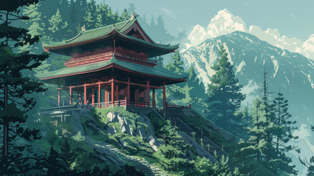 Tranquil Japanese temple in the mountains, depicted in anime style, emphasizing peace and serenity.の素材