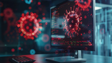 Visual of a virus alert on a computer monitor, highlighting the importance of prompt action against cyber threats.の素材