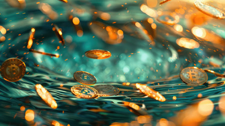 Dynamic swirl of coins in the air, illustrating the fluid and ever-changing nature of business success.の素材