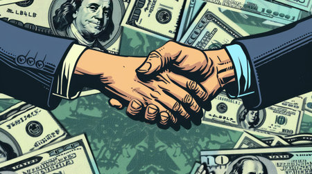 Handshake between two individuals exchanging money and financial documents, signifying a successful business transaction.の素材